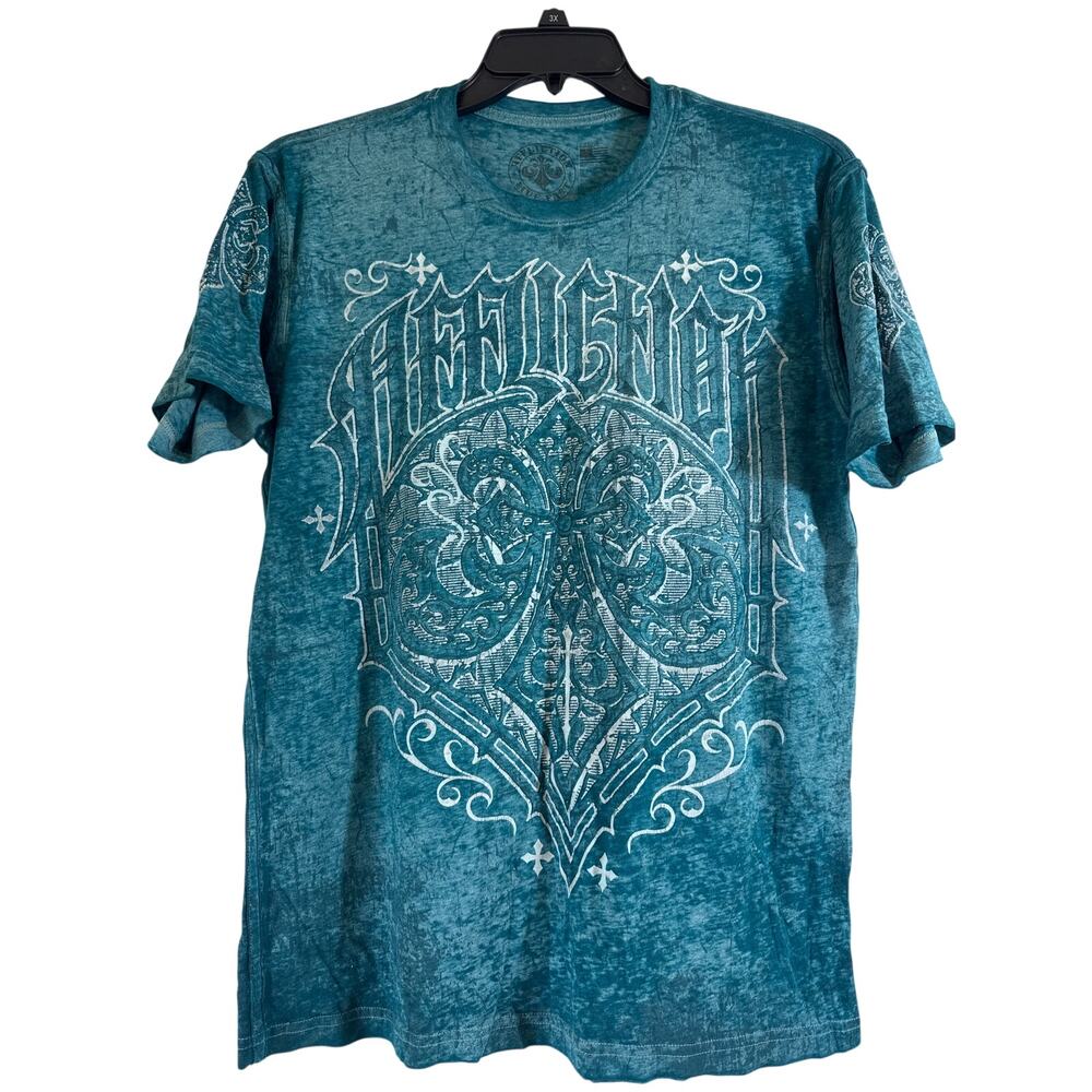 Vintage, Affliction, Live Fast, Large Teal Blue Short Sleeve Lightweight T-shirt